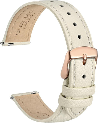 WOCCI 18mm Grace Watch Band for Ladies, Top Grain Leather, Quick Release Replacement Strap with Rose Gold Buckle (Beige)
