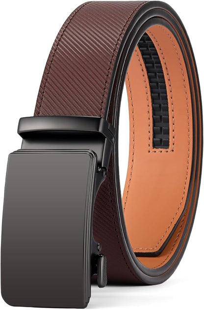 SENDEFN Leather Belt for Men Automatic Ratchet Buckle Slide Dress Casual Belts 1 3/8'' Wide Adjustable Trim to Fit(Black-20)