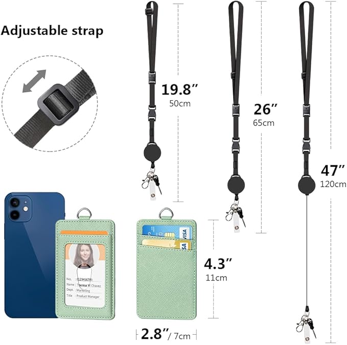 Leather Badge Holder and Adjustable Retractable Lanyards, Quick Release Buckle and Safety Breakaway Lanyards with Swivel Metal Clasp for Offices, Staff, Students, Employees
