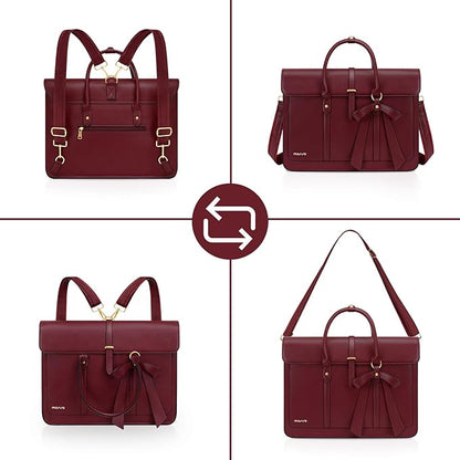 MOSISO Laptop Bag for Women, 13-14 inch PU Leather Laptop Shoulder Bags Convertible Backpack, 13.3 inch Messenger Bags Casual Handbag Work Briefcase Travel Computer Bag with Bowknot, Wine Red