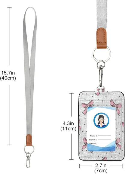 YETTASBIN Bow Pink ID Badge Holder with Removable Lanyard, Vertical PU Leather Cards Holder with 1 Clear ID Window and 2 Cards Slot for Office and School