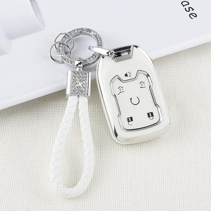 PIFOOG Key Cover for Chevy TPU Soft Car Keys Shell Protector with Glittering Car Keychain Accessories for Suburban Tahoe GMC Yukon Key Fob Girly Women Men White