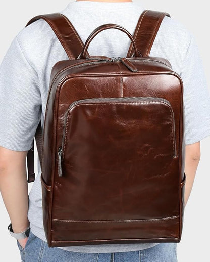Genuine Leather Backpack for Men Travel Laptop Bag Casual Daypack Business Briefcase Durable Work Bag Gift Box (Brown)