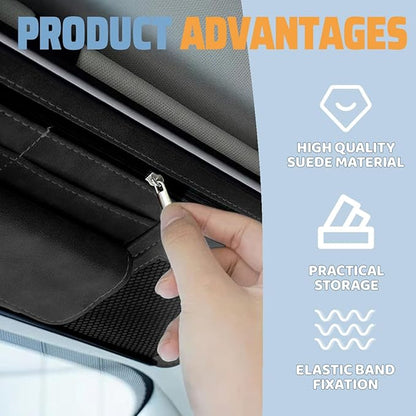 Car Sun Visor Organizer, Leather Vehicle Visor Card License Storage Pouch with Glasses Holder, Multifunctional Auto Interior Sunshade Document Pocket Organizer, Universal for Vehicles (Black)