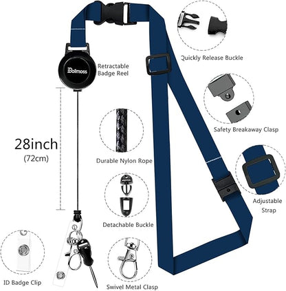 bolimoss Badge Holder with Lanyard, Leather ID Name Badge Card Holder with Retractable Reels Safety Quick Release Buckles and Adjustable Lanyard Straps for Teacher Student Nurse Doctor Navy Blue