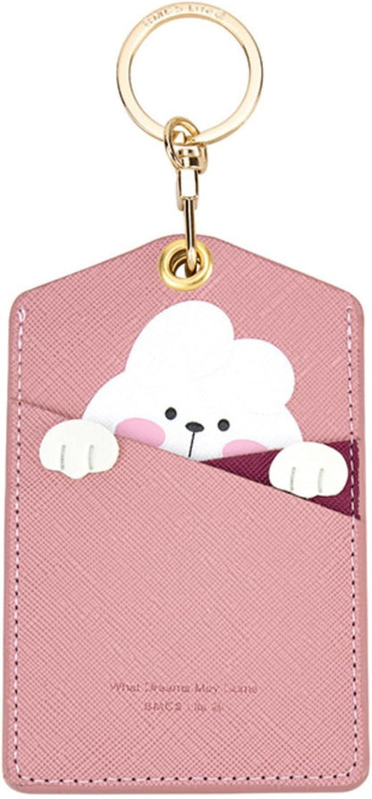 PU Leather ID Badge Holder with Keychain - Cartoon Animal Cute ID Badge Holder, 3 Card Slots for Professionals, Students, Nurse Officer, School Women Girls Boys (Pink)