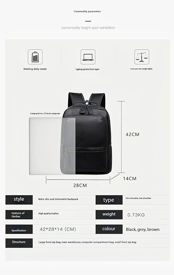 Unisex PU leather laptop bag work business bag hiking backpack leisure day bag university schoolbag (Large,Brown 2)