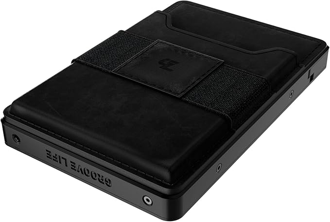 Groove Life Groove Magnetic Thumb Swipe Magsafe Wallet Black/Black Leather Go Mens Minimalist Aluminum Credit Card Holder with RFID Blocking, Genuine Leather Attachment, Lifetime Coverage