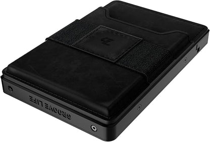 Groove Life Groove Magnetic Thumb Swipe Magsafe Wallet Black/Black Leather Go Mens Minimalist Aluminum Credit Card Holder with RFID Blocking, Genuine Leather Attachment, Lifetime Coverage
