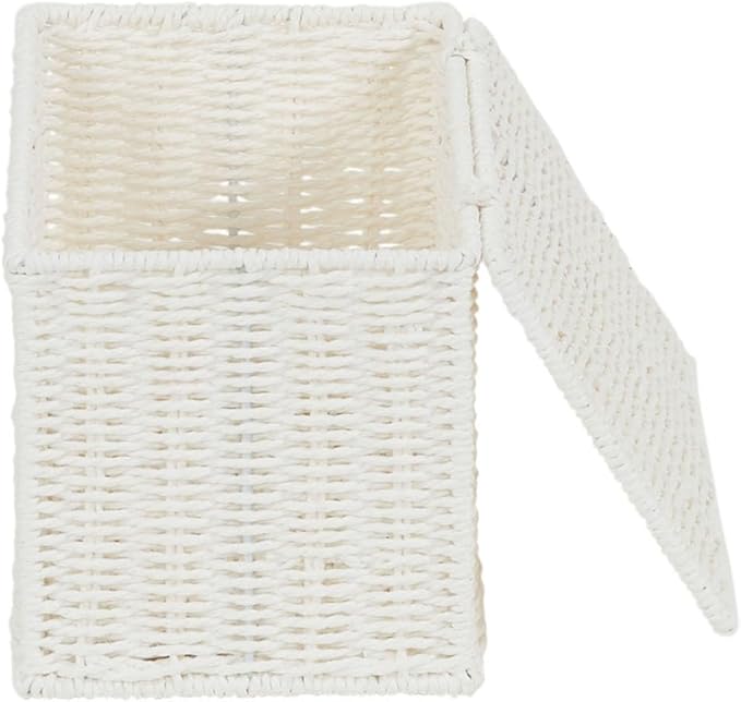 Household Essentials Small Wicker Basket with Lid, Multipurpose Storage Basket for Bathrooms, Shelves, Desks, Vanities, Closets and More, White