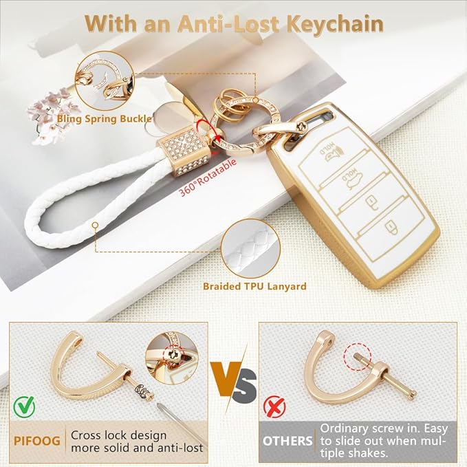 PIFOOG Key Fob Cover for Genesis G80 G90 G70 Accessories 4 Buttons Car Smart Keys Shell Case Bling Keychain Landyard Protector Protection Girly Women White Gold Cute TPU