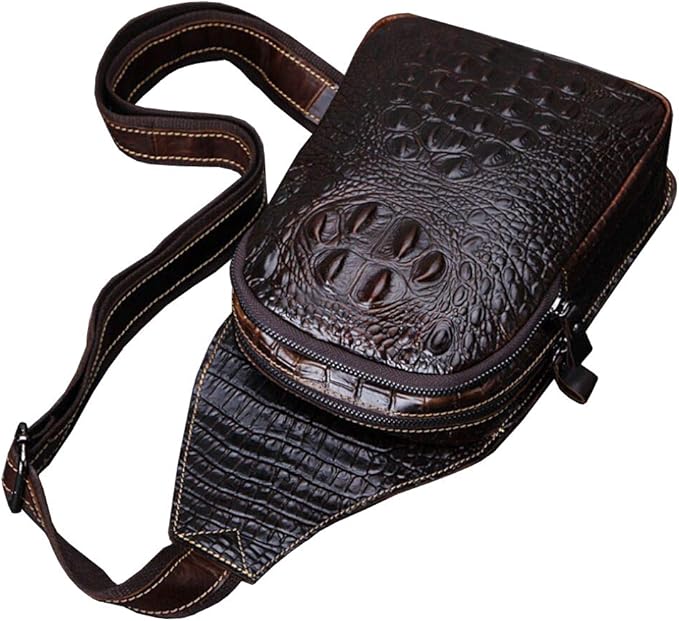 Hebetag Crocodile Genuine Leather Sling Bag Crossbody Backpack for Men Women Travel Outdoor Hiking Camping Shoulder Chest Pack Casual Pouch Daypack Coffee