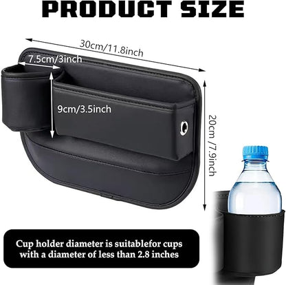 Car Leather Cup Holder Gap Bag, New Car Seat Gap Filler Organizer with Cup Holders, Console Organizer for Phone, Keys and Small Items, Universal Fit Essentials for SUV, Truck & Sedan (2pc)