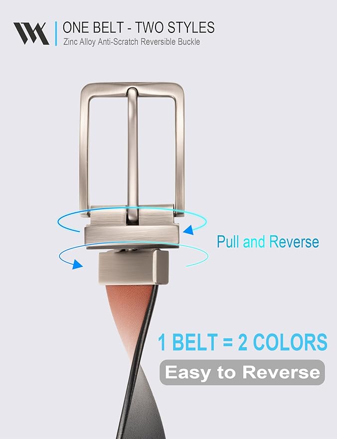 WOLFANT Two-in-One Reversible Leather Belt,100% Italian Full Grain Real Solid Leather Dress Casual Belt