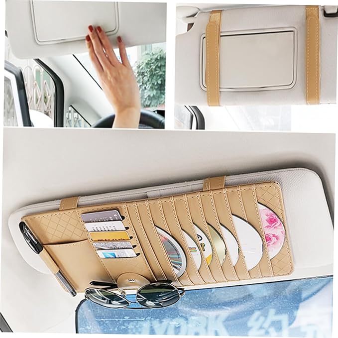 PRETYZOOM Multi Functional Sun Visor Organizer Bag for Car Leather CD Holder Pen Card Storage Stylish Beige Design for Vehicle Interior