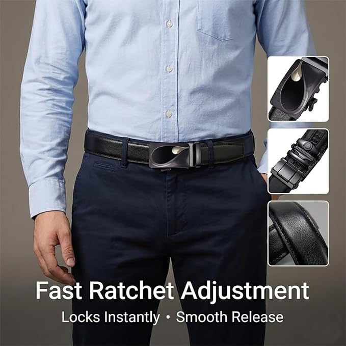 JINIU Men's Ratchet Belt Buckle, Black Genuine Leather Slide Belt for Men Dress Suit, Micro Adjustable Trim to Fit Boxed