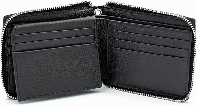 RFID Safe Leather Bi-fold Chain Wallet for Men Zip around Purse for Women Biker's Trucker YKK Metal Zipper Closure Filp up window ID (Black without Chain)