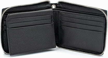 RFID Safe Leather Bi-fold Chain Wallet for Men Zip around Purse for Women Biker's Trucker YKK Metal Zipper Closure Filp up window ID (Black without Chain)