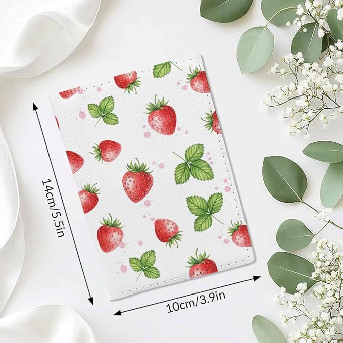 Watercolor Strawberry Passport Holder for Travel Fruit Summer Trendy PU Leather Passport Cover Wallet Cute Passport Card Holder for Women and Men