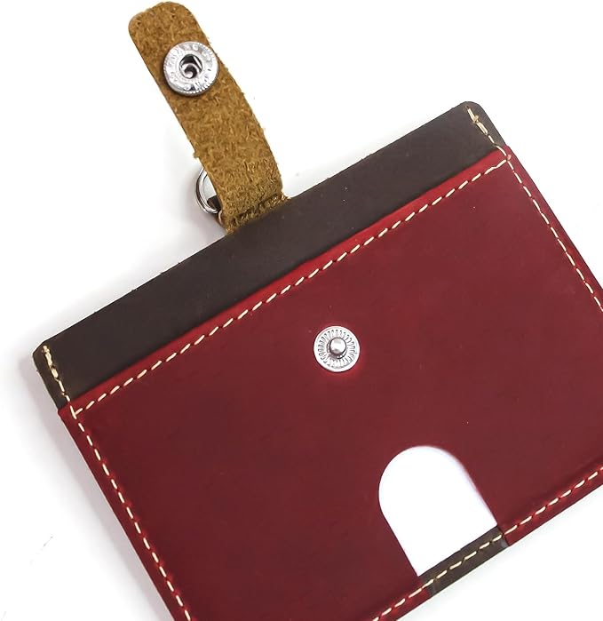 Badge Holder: Boshiho Cowhide Leather ID Badge Card Holder with 19" Neck Lanyard, Horizontal Style (Red)