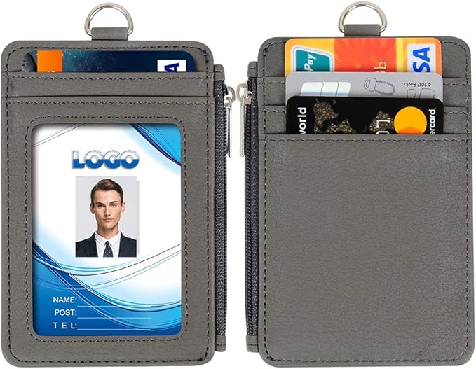 Badge Holder with Zipper, Life-Mate PU Leather ID Badge Card Holder Wallet Case with 5 Card Slots Zipper Pocket 19" Polyester Neck Lanyard Heavy Duty Metal Retractable Badge Reel (Gray)