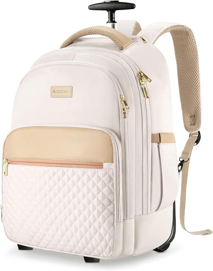Arcoyard Rolling Backpack For Adults With Wheels, 40L Wheeled Backpack For Women, Travel Roller Backpacks, Carry On Luggage, Rolling Bag, Beige