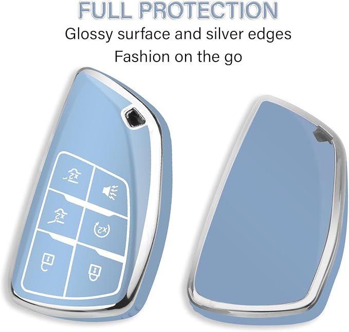 QBUC for Chevy Key Fob Cover with Keychain Soft TPU Protection Case Compatible with 2021-2026 Chevy Tahoe Suburban GMC Yukon Denali Silverado 6-Buttons(Chrome Trim Blue)