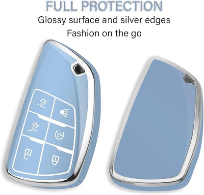 QBUC for Chevy Key Fob Cover with Keychain Soft TPU Protection Case Compatible with 2021-2026 Chevy Tahoe Suburban GMC Yukon Denali Silverado 6-Buttons(Chrome Trim Blue)