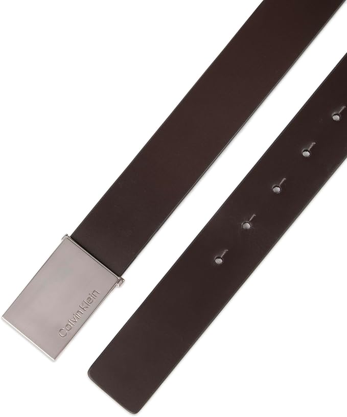 Calvin Klein Men's Plaque Buckle Belt - Casual Modern Style With Logo Detail for Jeans and Dress Pants