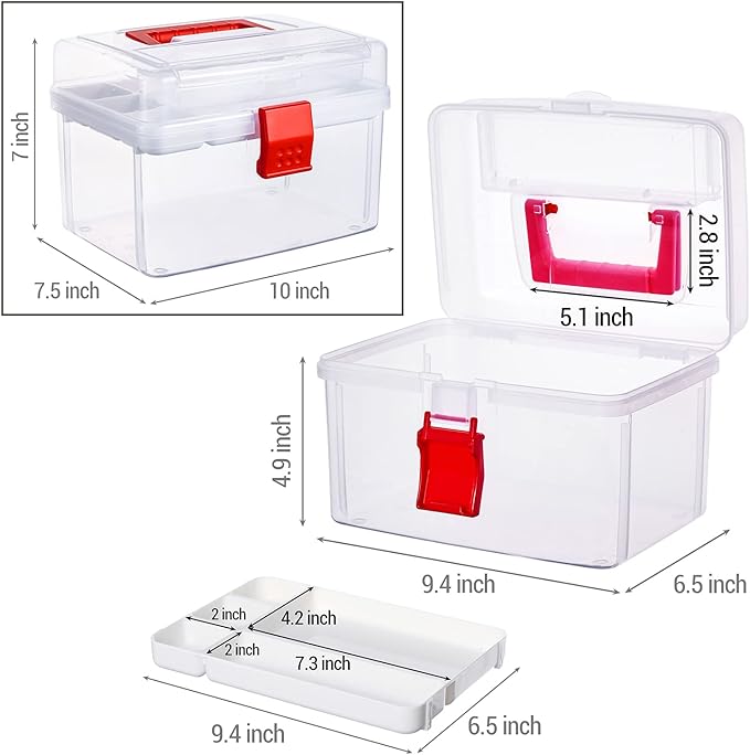 MyGift 10 Inch Premium Clear First Aid Bin with Detachable Tray and Quick Access Top Lid Flap, Portable Emergency Kit, Medical Supply Travel Tote, Medicine Storage Box Container (Red)