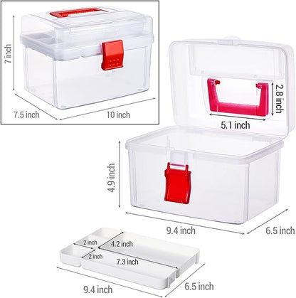 MyGift 10 Inch Premium Clear First Aid Bin with Detachable Tray and Quick Access Top Lid Flap, Portable Emergency Kit, Medical Supply Travel Tote, Medicine Storage Box Container (Red)