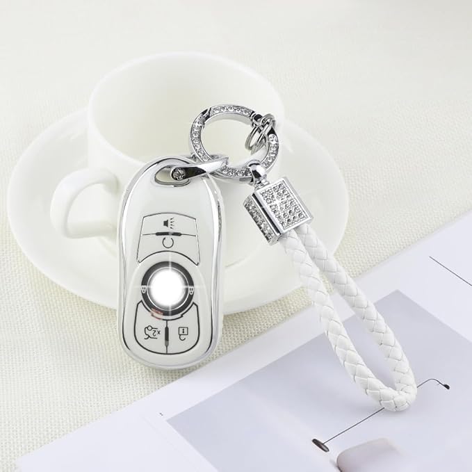 PIFOOG White Key Fob Cover for Buick 6 Buttons Car Keys Shell Case Protector Soft TPU Bling Keychain for Buick Enclave Encore LaCrosse Regal Envision Accessories Girly Women
