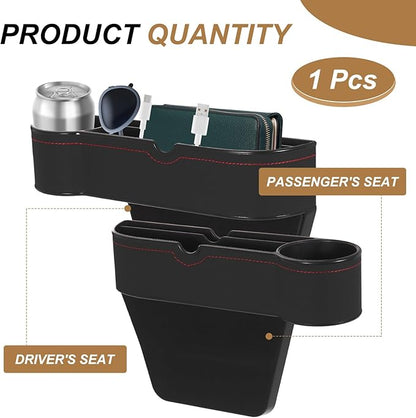 HARFINGTON Car Seat Gap Filler Organizer 10.6 x 7.1 x 2.8 Inch ABS+Leather Universal Car Organizer Storage Box Between Seat and Console(Left) with Cup Holder for Phone Keys, Black