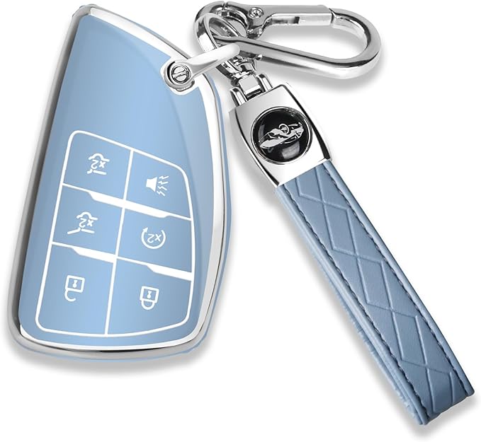 QBUC for Chevy Key Fob Cover with Keychain Soft TPU Protection Case Compatible with 2021-2026 Chevy Tahoe Suburban GMC Yukon Denali Silverado 6-Buttons(Chrome Trim Blue)