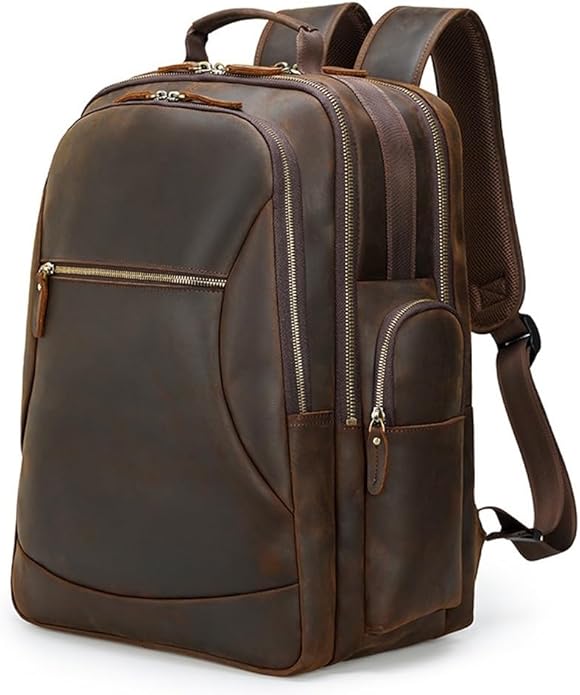 Men Leather Briefcase Full Grain Leather for Men Laptop Backpack Business Work Daypack Hiking Large Capacity Bag for Office Commute and Outdoor Adventures