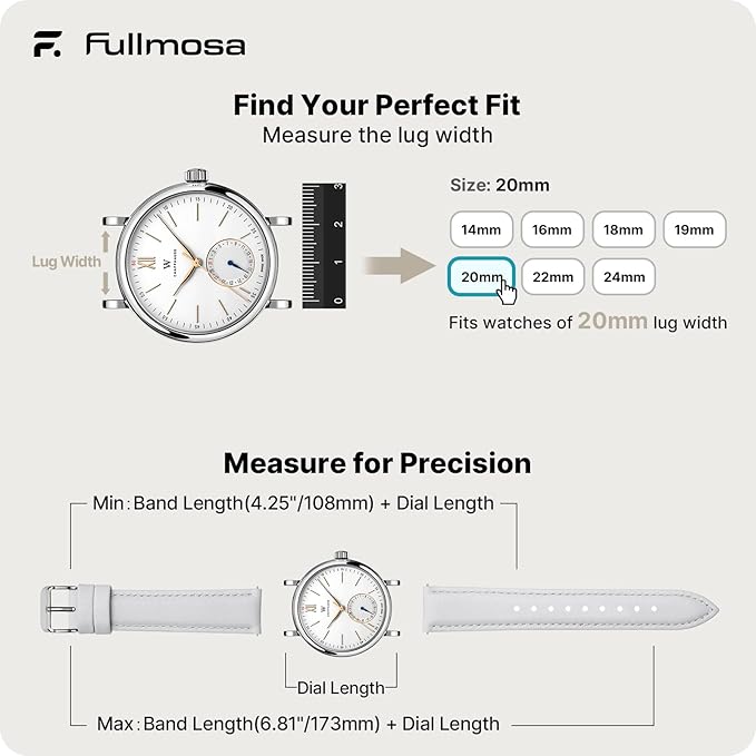 Fullmosa Watch Straps 20mm, Axus Series Leather Strap Replacement Watch Strap with Stainless Steel Metal Clasp for Men Women 14/16/18/20/22/24mm, White 20mm