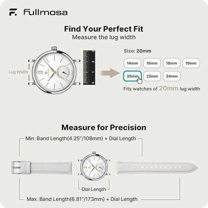 Fullmosa Watch Straps 20mm, Axus Series Leather Strap Replacement Watch Strap with Stainless Steel Metal Clasp for Men Women 14/16/18/20/22/24mm, White 20mm