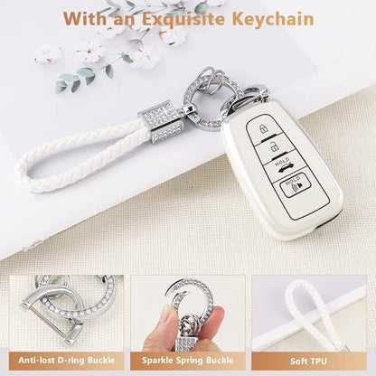 PIFOOG Key Fob Cover for Toyota Camry RAV4 Corolla C-HR Avalon Highlander Prius Smart Keys Case Shell Protector Bling Keychain Accessories 4 Button TPU Girly Women White Silver