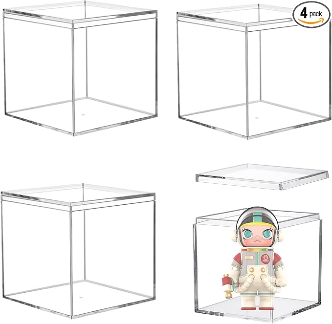 Acrylic Box Clear Boxes with Lid 4 Pieces Display Case Graduation Candy Box Plastic Square Cube Wedding Present Valentine's Day Birthday Party Gift Wrap Storage Box