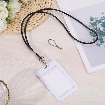 PU Leather Lanyard Strap Keychain 33.86 Inch Braided Office Long Neck Cord with Metal Clasp Handmade Necklace Badge Lanyards Wristlet Bracelet Keychain for ID Card Holder Keys (Black)
