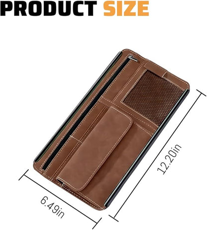 Car Sun Visor Organizer, Leather Vehicle Visor Card License Storage Pouch with Glasses Holder, Multifunctional Auto Interior Sunshade Document Pocket Organizer, Universal for Vehicles (Brown)