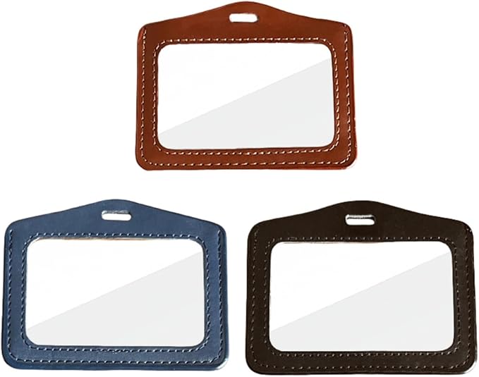 3 Pcs Leather ID Badge Holder with Dual-Side Clear Window ID Card Holder Waterproof Name Badge Holde for Women and Men, Horizontal Badge Holder Suit for Offices, Staff, Students, Employees