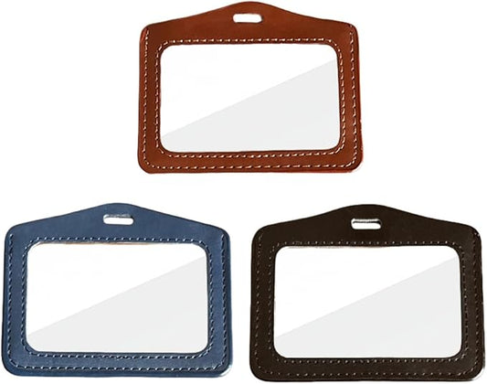 3 Pcs Leather ID Badge Holder with Dual-Side Clear Window ID Card Holder Waterproof Name Badge Holde for Women and Men, Horizontal Badge Holder Suit for Offices, Staff, Students, Employees