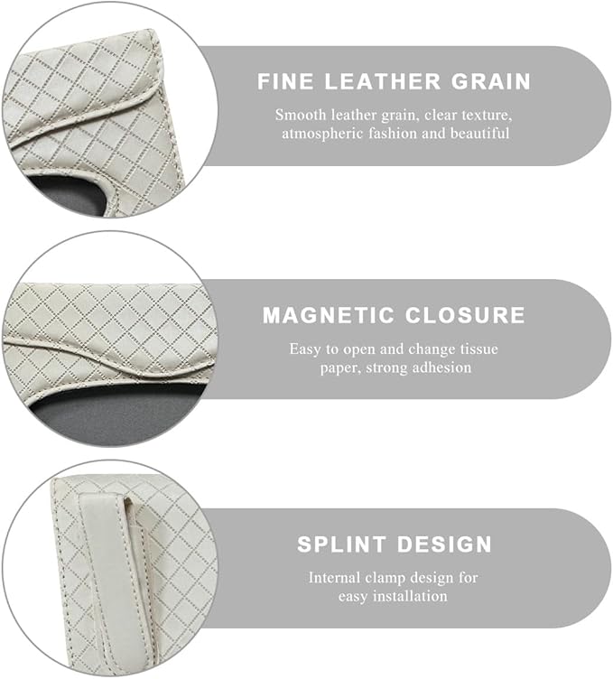 Car Tissue Holder, PU Leather Sun Visor Hanging Paper Napkin Dispenser with Tissue Refill, Backseat Mask Towel Case Visor Organizer with Magnetic Closure, Car Accessories (Beige)