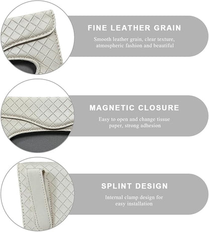 Car Tissue Holder, PU Leather Sun Visor Hanging Paper Napkin Dispenser with Tissue Refill, Backseat Mask Towel Case Visor Organizer with Magnetic Closure, Car Accessories (Beige)
