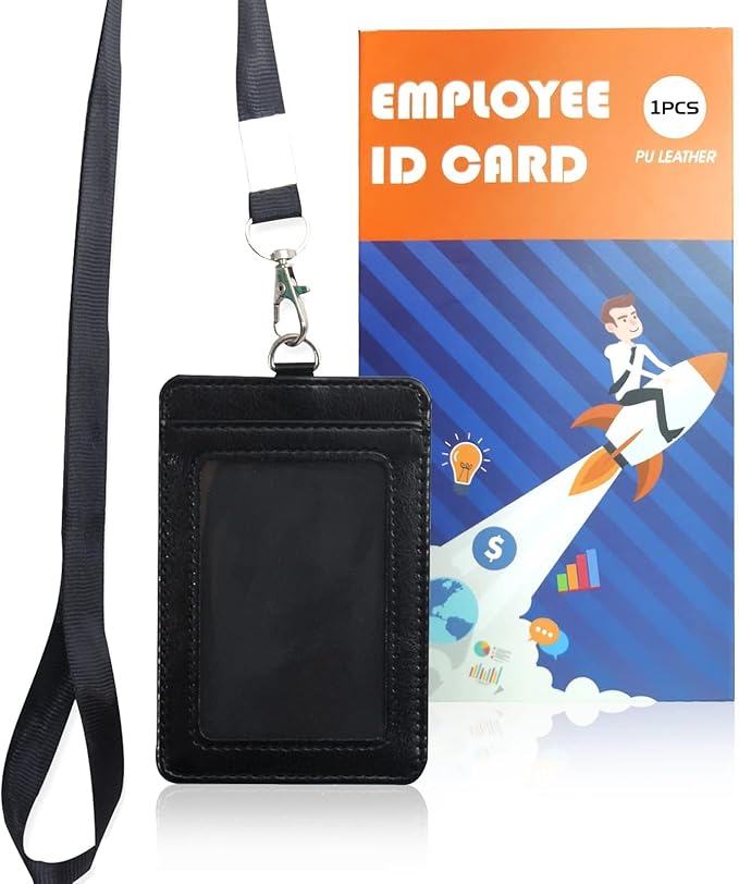1 Badge Holder with Detachable Lanyard, Vertical PU Leather ID Badge Holder with 1 Clear ID Window & 1 Card Slot for Work, School, Metro & Access Cards (Black)