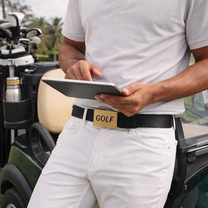 CauraCo Golf Belt Genuine Leather With Gold Buckle Included Ball Marker For Mens Womens Golfers Golfing Shorts And Long Pants