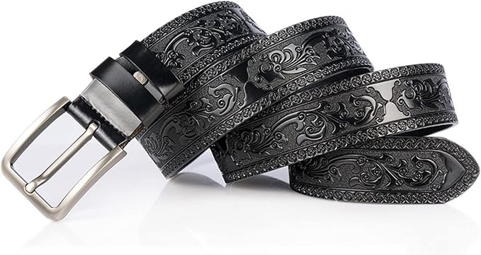 Men's Casual Genuine Leather Jeans Belts Vintage Leather Engraved Strap with Single Prong Buckle