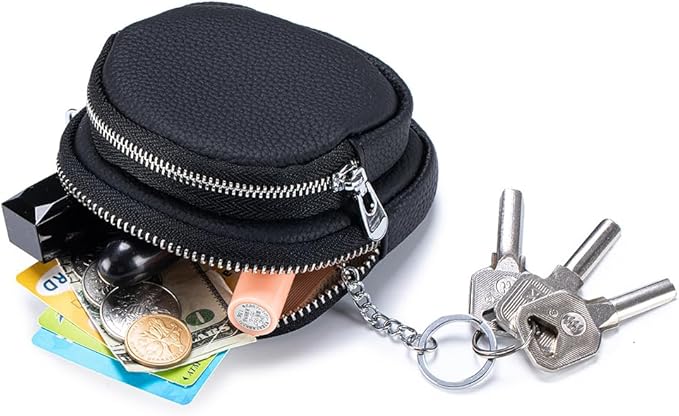 Genuine Leather Coin Purse with Keychain Clip Dual Zipper Mini Wallet Small Cute Pouch for Women & Men Compact Card Holder Wallet Key Holder (Pink)