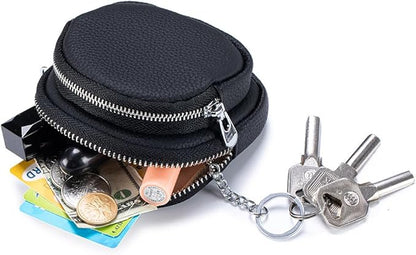 Genuine Leather Coin Purse with Keychain Clip Dual Zipper Mini Wallet Small Cute Pouch for Women & Men Compact Card Holder Wallet Key Holder (Pink)